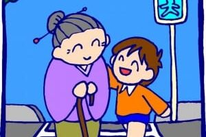 nina ayudando a cruzar a una viejita la pista