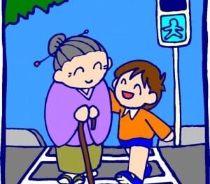nina ayudando a cruzar a una viejita la pista