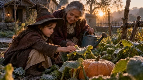 Lina y su abuela observan cómo se derrite la escarcha sobre una calabaza del huerto