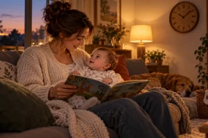 Una madre comparte un cuento con su bebé en brazos en una sala tranquila