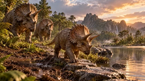 Un triceratops joven comprueba un sendero de piedra junto a una laguna mientras su grupo lo sigue
