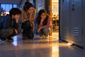 Una profesora y dos alumnos observan una nota doblada junto a un casillero