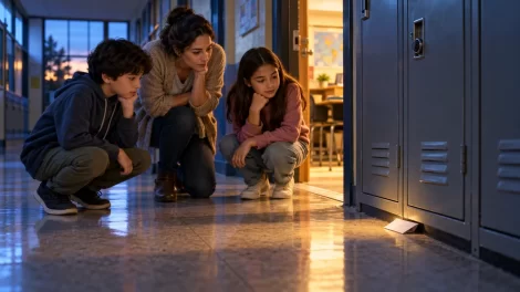 Una profesora y dos alumnos observan una nota doblada junto a un casillero
