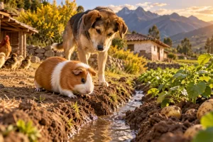 Un cuy abre un pequeño canal junto a un perro y unos pollitos en una chacra andina
