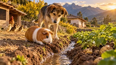 Un cuy abre un pequeño canal junto a un perro y unos pollitos en una chacra andina