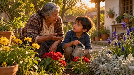 Mateo escucha a su abuela mientras cuidan un jardín con flores de distintos colores