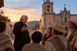 Miguel Hidalgo conversa con vecinos frente a la parroquia de Dolores al amanecer