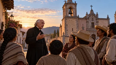 Miguel Hidalgo conversa con vecinos frente a la parroquia de Dolores al amanecer