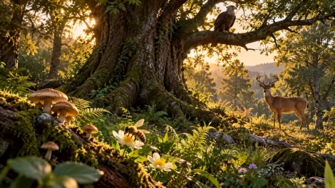 Un ciervo, un águila, una abeja y hongos comparten el bosque junto a un gran roble