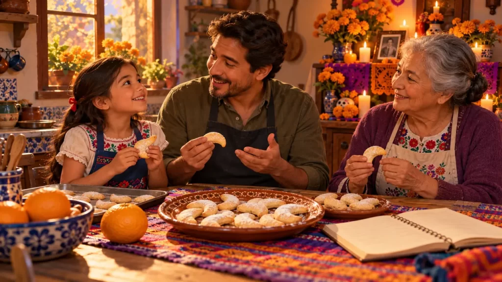Una niña, su padre y su abuela comparten galletas de media luna en una cocina junto a una pequeña ofrenda.