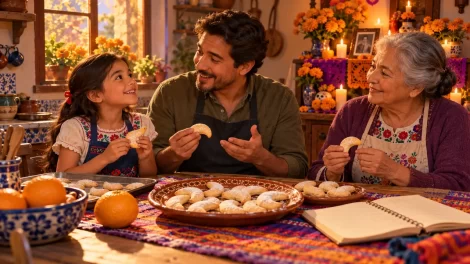 Una niña, su padre y su abuela comparten galletas de media luna en una cocina junto a una pequeña ofrenda.
