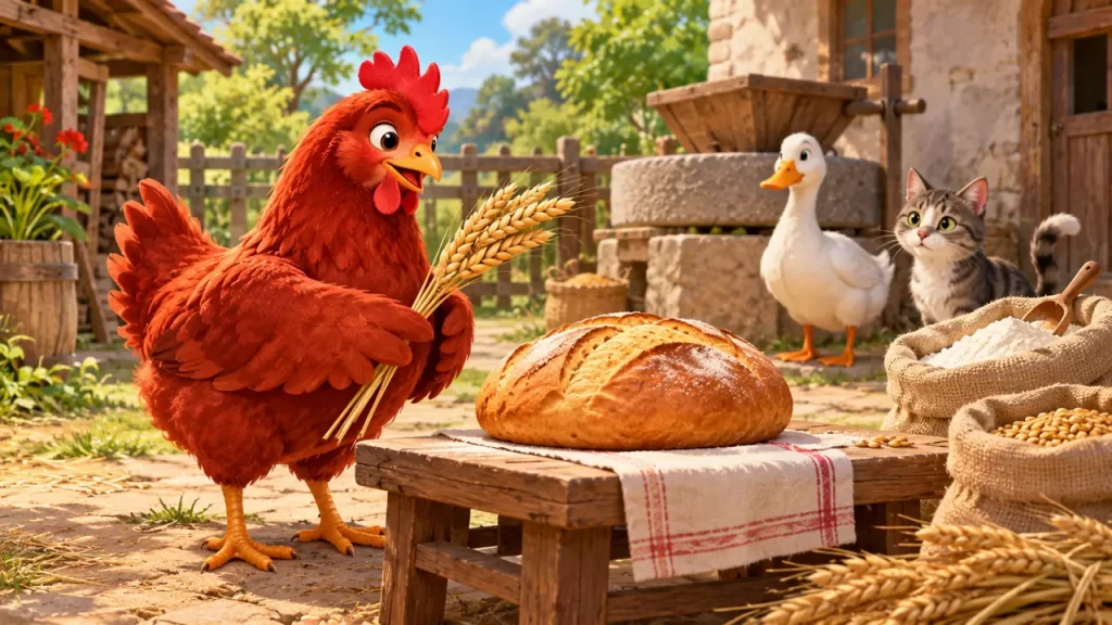 La gallinita roja: cuento tradicional y actividades 1 Una gallina roja prepara pan junto al trigo mientras un pato y un gato la observan.