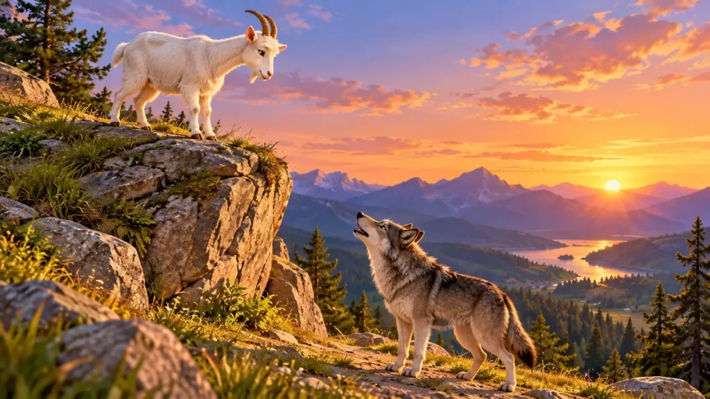 Una cabra blanca permanece en lo alto de una roca mientras un lobo la mira desde abajo.