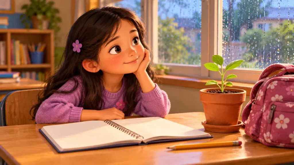 Qué es un poema: versos, estrofas y ejemplos para niños 1 Una niña observa una planta junto a una ventana lluviosa y un cuaderno abierto.