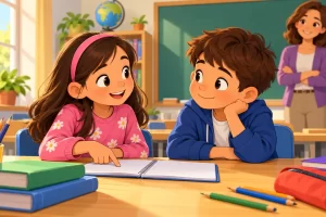 Una niña y un niño conversan sobre un cuaderno en clase mientras una docente los acompaña.