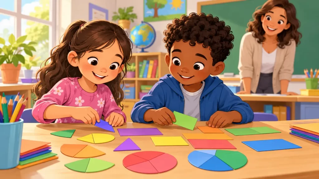 Dos niños organizan piezas de papel de colores en una actividad de fracciones con su maestra.