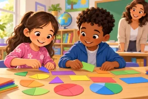 Dos niños organizan piezas de papel de colores en una actividad de fracciones con su maestra.