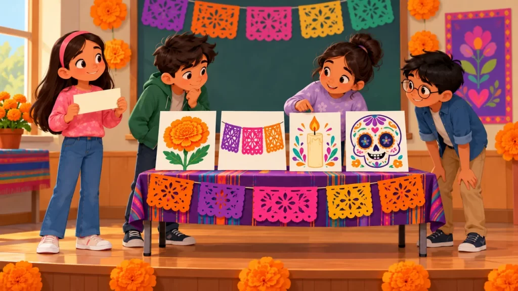 Cuatro estudiantes revisan dibujos de una flor, un banderín, una vela pintada y una calaverita para una obra escolar.
