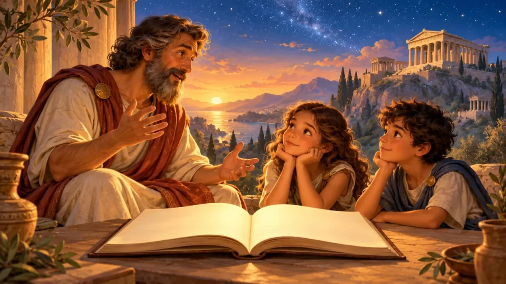 Qué es un mito: explicación y ejemplos para niños 1 Un narrador comparte una historia con dos niños ante un paisaje imaginativo de la antigua Grecia.