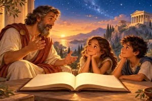 Un narrador comparte una historia con dos niños ante un paisaje imaginativo de la antigua Grecia.