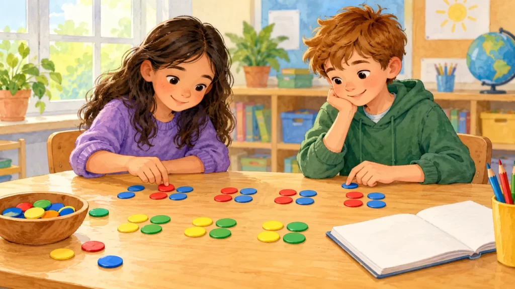 Dos niños exploran agrupaciones con fichas de colores sobre una mesa.