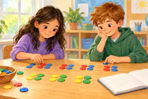 Dos niños exploran agrupaciones con fichas de colores sobre una mesa.