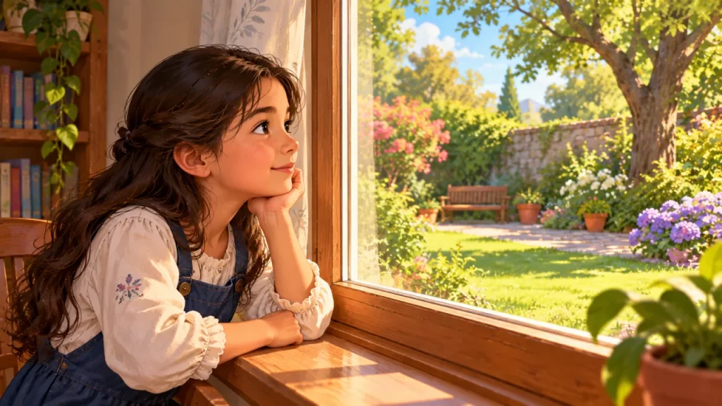 Una niña observa un jardín a través de una ventana.