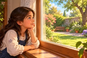 Una niña observa un jardín a través de una ventana.