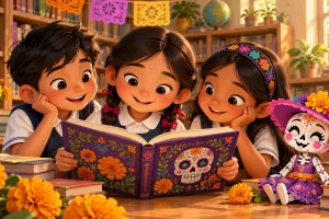 Tres escolares leen juntos en una biblioteca junto a una calaca decorativa de papel.