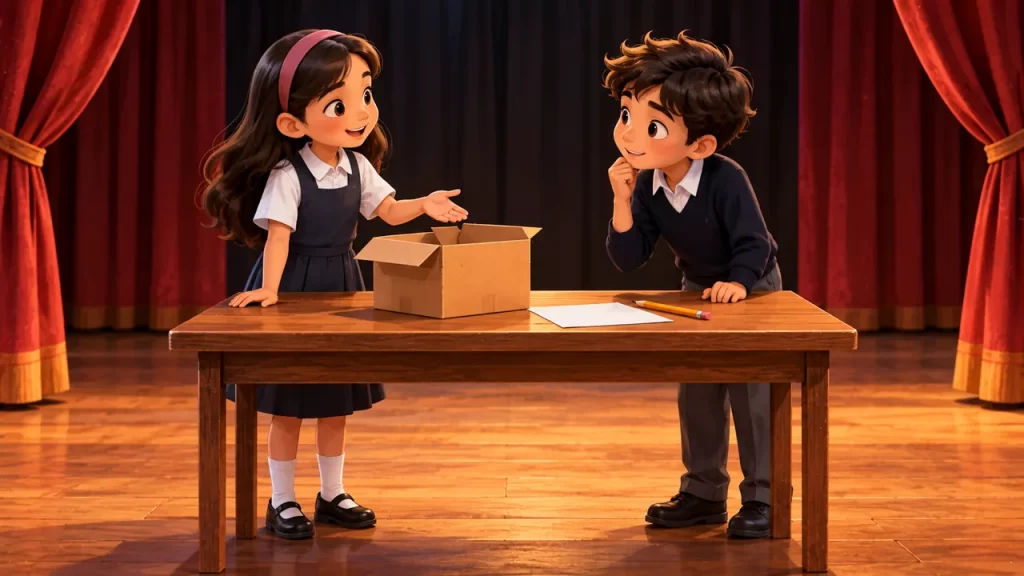 Ada y Nico junto a una mesa con una caja abierta, una hoja y un lápiz.