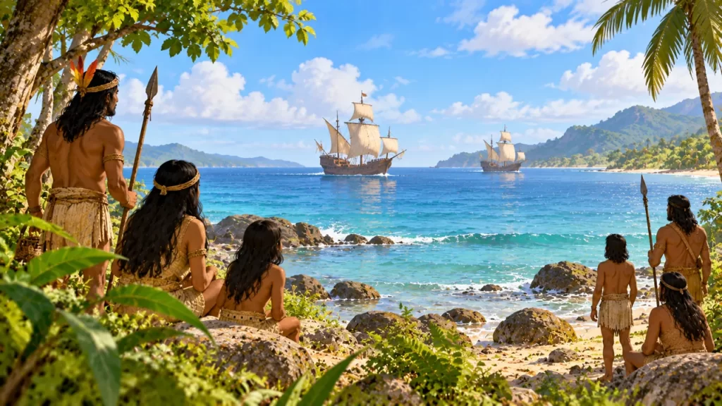 Escena imaginada de habitantes de una costa americana observando barcos de vela distantes.