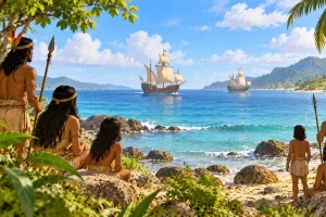 Escena imaginada de habitantes de una costa americana observando barcos de vela distantes.