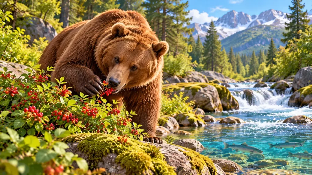 Oso pardo come bayas junto a un río