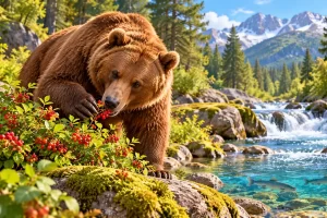 Oso pardo come bayas junto a un río
