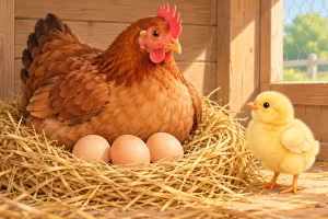 Una gallina junto a tres huevos enteros y un pollito.