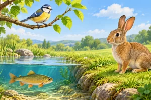 Un conejo, un pájaro y un pez como ejemplos de animales vertebrados.