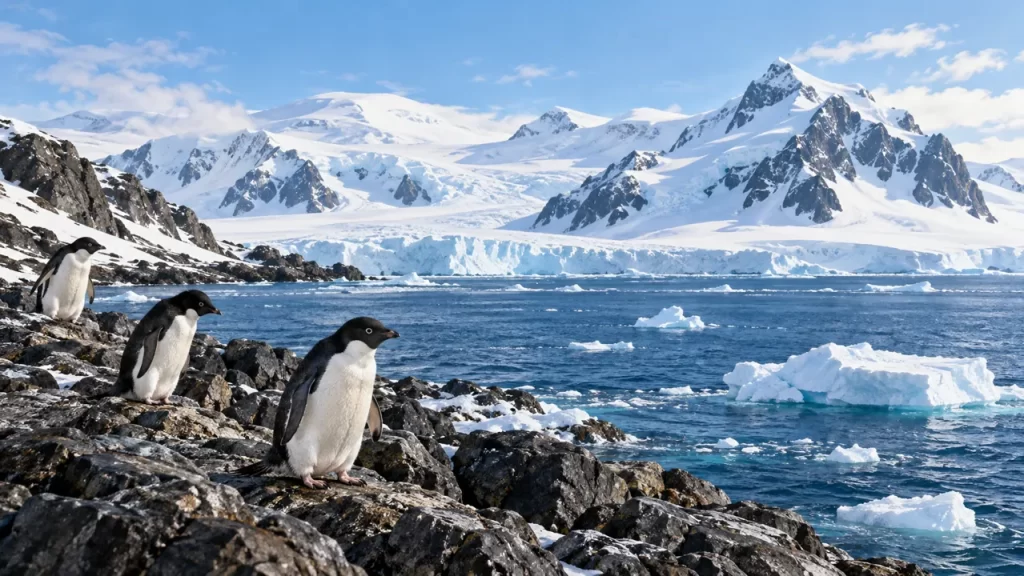 La Antártida para niños: dónde está y cómo es la vida allí 1 Tres pingüinos en una costa rocosa de la Antártida, frente al mar con hielo flotante, un glaciar y montañas nevadas.