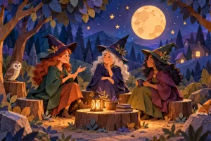 Tres brujas de cuento conversan en un paisaje nocturno realizado como figuras de papel.