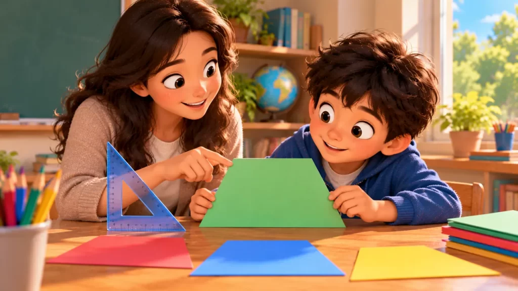 Adulto y niño observan un trapecio de cartulina verde junto a una escuadra.