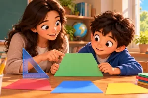 Adulto y niño observan un trapecio de cartulina verde junto a una escuadra.