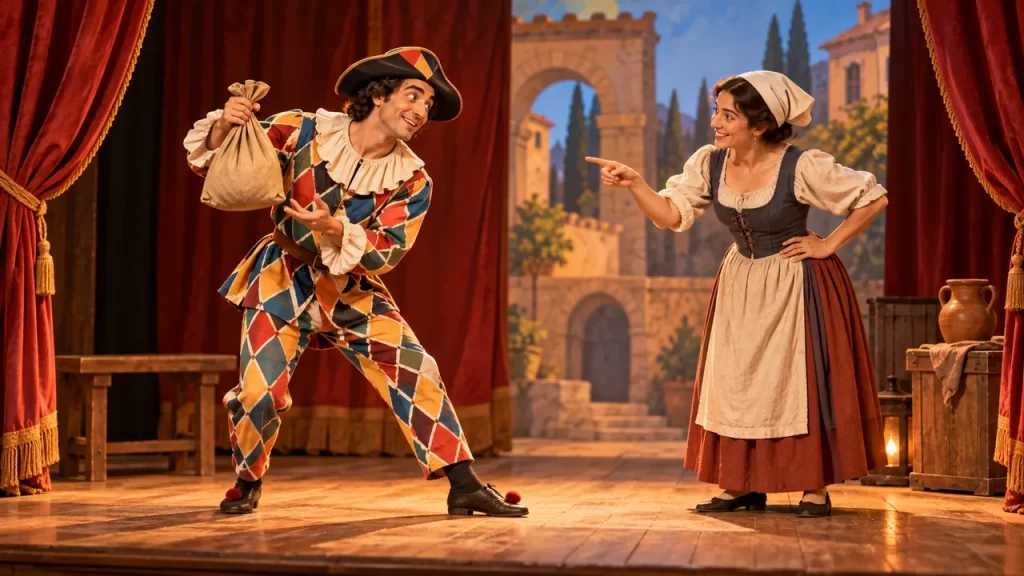 Arlequín: quién es y cómo reconocer a este personaje del teatro 1 Arlequín sostiene una bolsa en una escena con una encargada, sobre un escenario de telón rojo.
