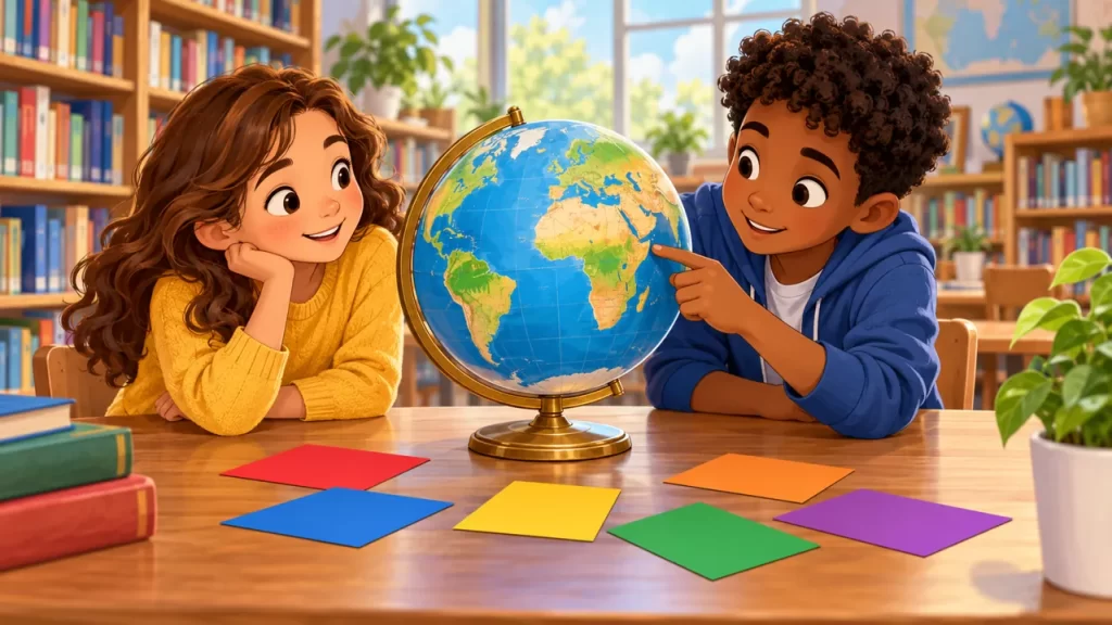 Dos escolares observan un globo y tarjetas de colores en una biblioteca.