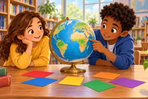 Dos escolares observan un globo y tarjetas de colores en una biblioteca.