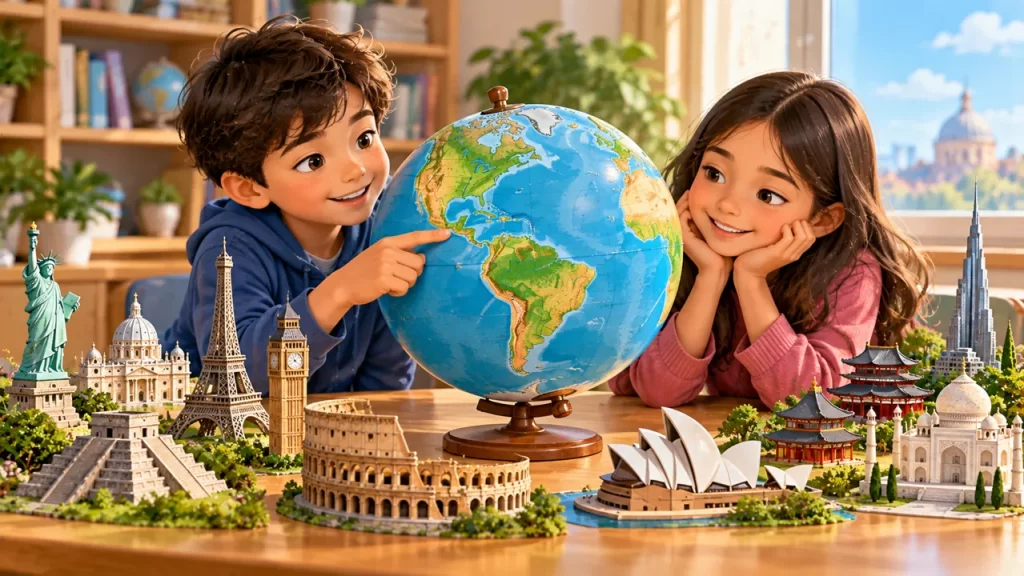 Niños observan un globo con miniaturas de monumentos de distintos lugares.