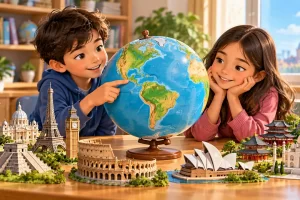 Niños observan un globo con miniaturas de monumentos de distintos lugares.
