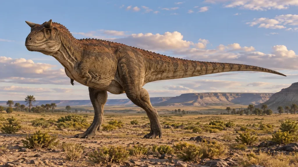 Recreación de un Carnotaurus con dos cuernos, brazos diminutos y cola larga, apoyado sobre sus dos patas traseras.