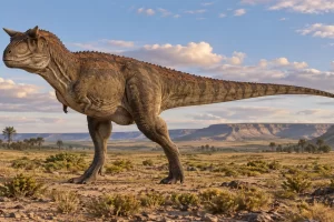 Recreación de un Carnotaurus con dos cuernos, brazos diminutos y cola larga, apoyado sobre sus dos patas traseras.