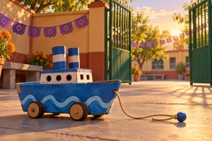 Un barquito azul de cartón con ruedas descansa junto al portón verde de un patio decorado para Día de Muertos.