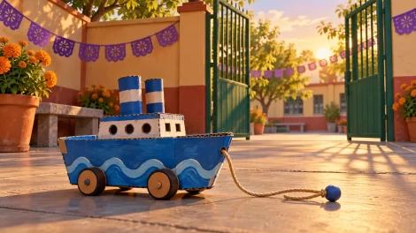 Un barquito azul de cartón con ruedas descansa junto al portón verde de un patio decorado para Día de Muertos.