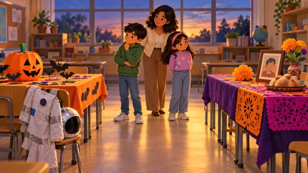 Diferencias entre Halloween y Día de Muertos: comparación para niños 1 Docente y niños observan dos mesas separadas con adornos de Halloween y una ofrenda de Día de Muertos.